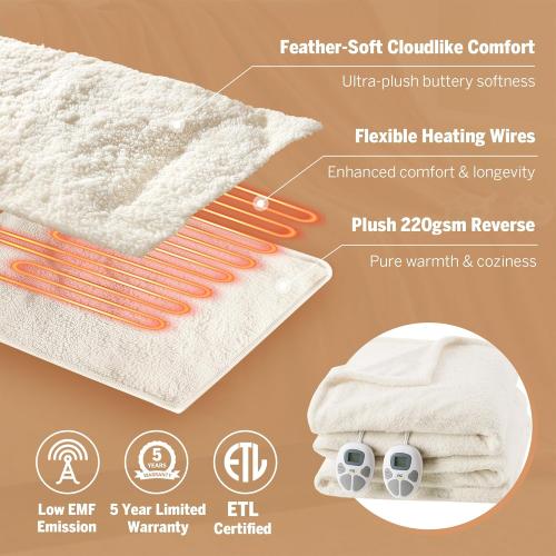 Serta Heated Blanket, Eletric King Size Blanket, Soft, Warm, Fuzzy Heating Blanket King for Office, Couch, 1-12 hr Auto Shut Off Timer, 10 Lv Heat Setting, ETL Certified, King 100 x 90 Ivory