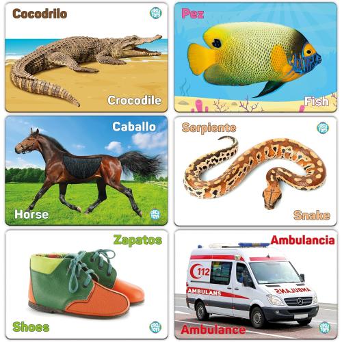 My Touch and Feel English Spanish Bilingual Picture Double Sided Sensory Flash Cards for Infant, Toddlers, Kids, Learn Animals, Fruits, Objects and Vehicles, Fun Learning and Educational Flashcards