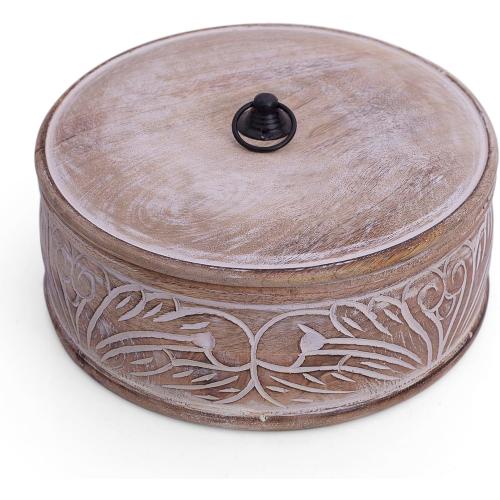 Handcrafted Wooden Mexican Tortilla Warmer Basket Indian Chapati Roti Bread Holder Box Pancake Keeper Serveware Hot Pot Casserole Dish With Lid Home Kitchen Dining Decor, Natural Brown, 9 x 3.5 Inches