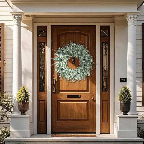 26'' Large Eucalyptus Wreath for Front Door, Porch- Artificial Eucalyptus and Lavender with Babys Breath Flowers Wreath for Home, Farmhouse Wall Decor- Spring, Summer, Fall, All Seasons (White-Green)