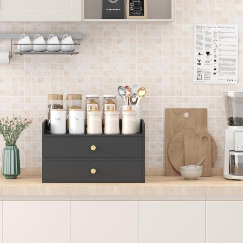 Bamboo Desk Organizer with Drawers Wooden Desktop Storage Drawers for Bills Office Supplies Kitchen Utensils Organizing Tool for Home Classroom Organization No Assembly (2 Drawers, Black)