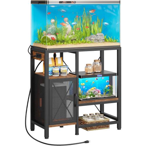 MAHANCRIS 20-37 Gallon Fish Tank Stand, Aquarium Stand with Power Outlet and Storage Cabinet, Heavy Duty Tank Stand Suitable for Turtle Tank, Reptile Terrarium, for Home Office, Rustic Brown FTHR40E01