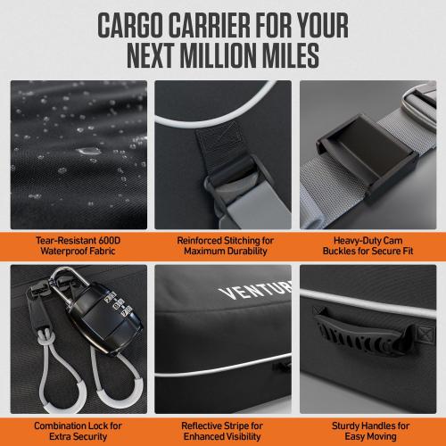Color Black VENTURE 4TH Rooftop Cargo Carrier -  Waterproof Car Roof Cargo Bag with Tie-Down & Compression Straps, Fits Most Vehicles with or Without Roof Racks, Sidebars & Crossbars