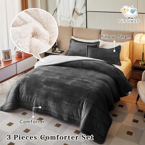 3-Layer Luxury Flannel Fleece Thick Bed Blanket Full Queen Size, Soft Plush Velvet Sherpa Blanket with 2 Pillow Shams Heavy Warm for Winter, Breathable n Washable, Dark Gray