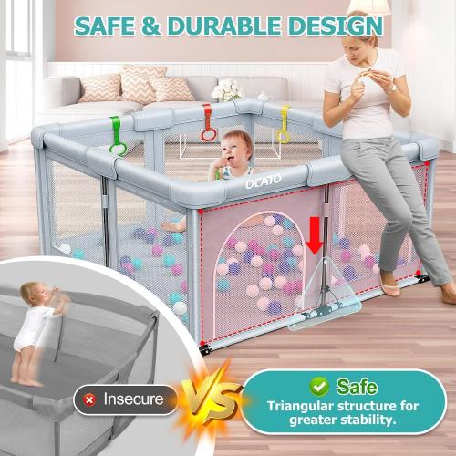OCATO Baby Playpen: Foldable Playpen for Babies and Toddlers Large Play Pen Portable Playpen Fence Indoor Outdoor Kids Safety Area Travel Play Yard with 1 Storage Bag 4 Handlers 50 Balls (50 × 50)