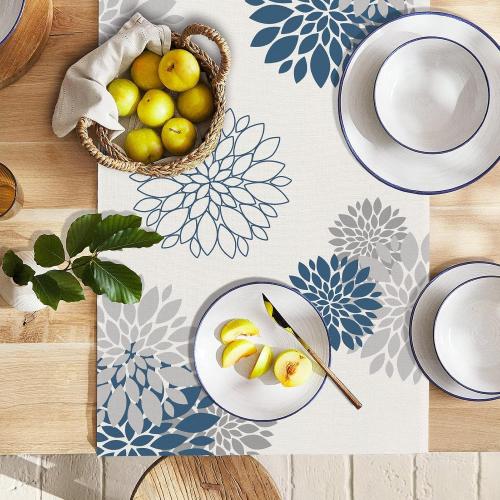 Blue Gray Table Runner Dahlia Pinnata Flower Beige Table Runners Modern Elegant (13 x 36 Inch)