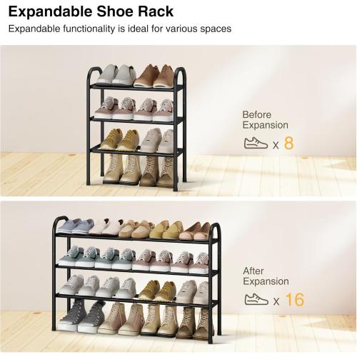 STO STO Expandable Shoe Rack, 3-Tier Metal Small Shoe Rack for Closet, Up to 16 Pairs Adjustable Shoe Rack Storage for Front Door Entrance, Free Standing Shoe Rack Organizer for Entryway, Black