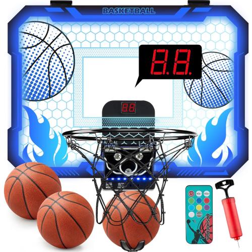 Indoor Basketball Hoop for Kids with Led Lights Mini Basketball Hoop with Remote Control Over The Door Basketball Hoops with Scoreboard Basketball Toys for 4-12 Year Old Boys Girls