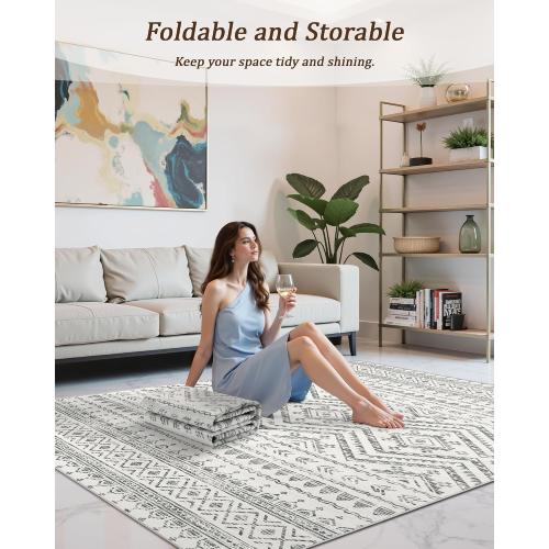 8x10 Area Rug for Living Room Moroccan Washable Rugs Non Slip Indoor Floor Carpet Foldable Large Soft Area Rug for Dining Room Bedroom with Low Pile(Grey,8'x10')