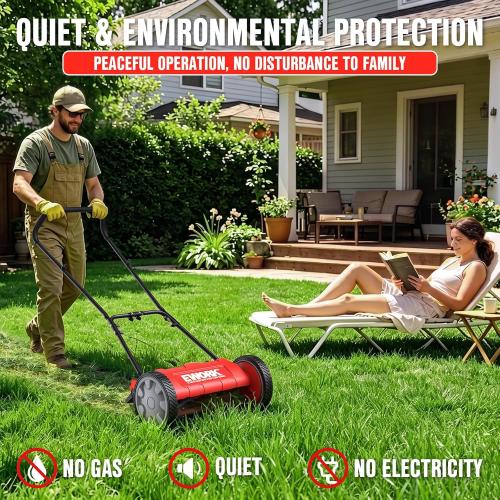 EWORK Push Reel Lawn Mower 23 with 5-Blade Cutting System for Lawn Care | 4 Adjustable Cutting Heights, Sponge-Wrapped Handle, Tool-Less Assembly, Low Noise, Lightweight Reel Mowers for Garden, Yard