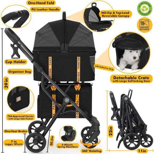 PAWZIDEA Double Pet Stroller with 2 Detachable Carriers, Portable Dog Crate for Car Travel & TSA-Approved Expandable Cat Carrier, Foldable Lightweight Jogger Stroller for 2–4 Cats or Small/Medium Dogs