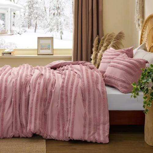 BEDELITE Boho Comforter Set Queen Size, Dusty Pink Tufted Striped Bed Set 3 Pieces, Soft Vintage Farmhouse Comforter for All Seasons, Boho Home Decor,Fluffy Jacquard Bedding with 2 Pillow Shams