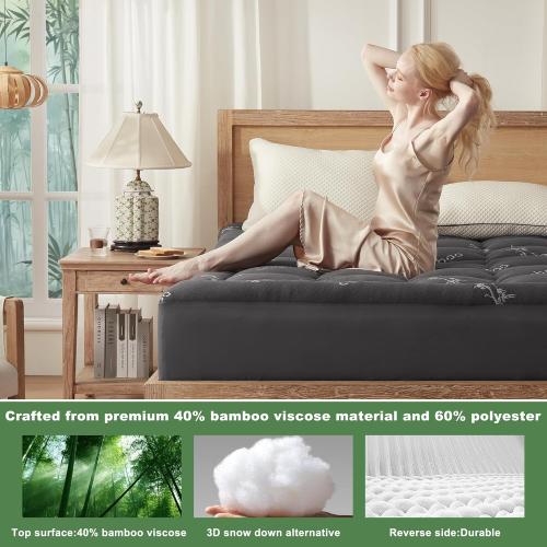 Dark Grey BEDLORE Mattress Topper Viscose Derived from Bamboo, Thick Pillow Top Mattress Pad with Stretchable Pockets for 6-18 inches Mattress, Soft Mattress Topper for Back Pain Relief