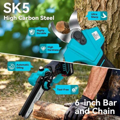 4-in-1 Pole Saw & Electric Pruning Shears, 6 Inch Mini Chainsaw for Tree Trimming, Cordless Pruning Shears with 9.5ft Max Extension Pole, 2 x 4.0Ah Battery Powered Pole Saw Pruner for Garden (Blue)