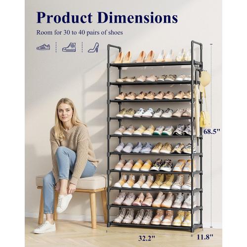 Kitsure 10 Tier Shoe Rack, Tall Shoe Organizer, 32.2 Wide, Black | Large-Capacity Shoe Storage with Hooks, Shoe Shelf for Closet, Entryway, Bedroom, Living Room, Zapateras Organizer