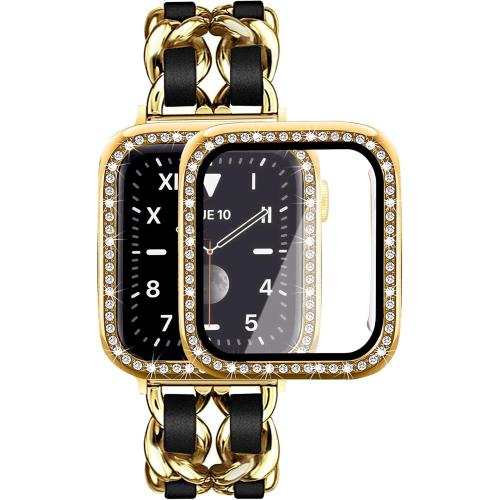 Mosonio Compatible for Apple Watch Band 46mm with Screen Protector Case Women, Jewelry Metal Chain with 2P Bling Case Cover for iWatch Series 11 10(Gold Link with Black Leather)