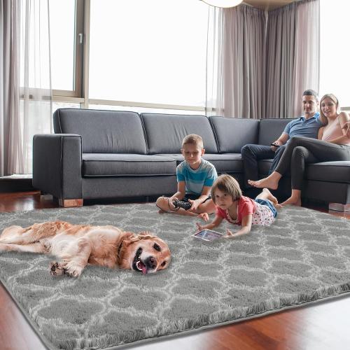 Shag Area Rug 5x7 Feet Extra Soft Rugs for Living Room, High Pile Indoor Carpet for Bedroom, Kids Room, Nursery, Home Decor, Geometric, Light Grey/White