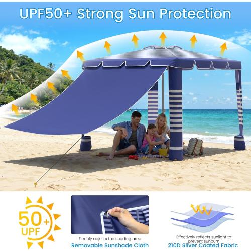 MoKo Beach Cabana,120 Sq. Ft. Large Beach Canopy Tent Sun Shade, UPF 50  Protection Easy Setup Beach Tent, Adjustable Height Wind Resistant Cabana Sun Shelter for Whole Family, Navy Stripes