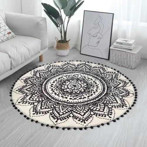 Uphome Boho Round Rug for Bedroom 3' Circle Beige and Black Bathroom Rug with Pom Poms Fringe Washable Mandala Accent Throw Rugs Non-Slip Soft Floor Mat for Entryway Living Room Sofa Kids Room Nursery