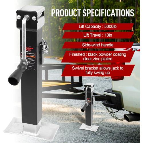 Black and Silver NBJINGYI Heavy Duty 5000LB Trailer Jack - 10 Lift, Pipe Mount Swivel Jack with Lock Pin, Square Tube Mount, Side Wind Handle & Foot Plate, Black Coating.