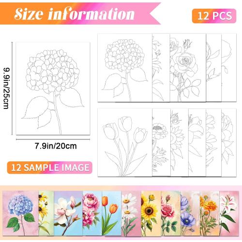 GLASSWINDS 12 Pcs Pre Drawn Canvas to Paint for Adults, 8 X 10 Inch Pre Printed Canvases for Painting, Prepare Printed Canvas Set Sip and Paint Kit for Paints Party Favors(Flower)