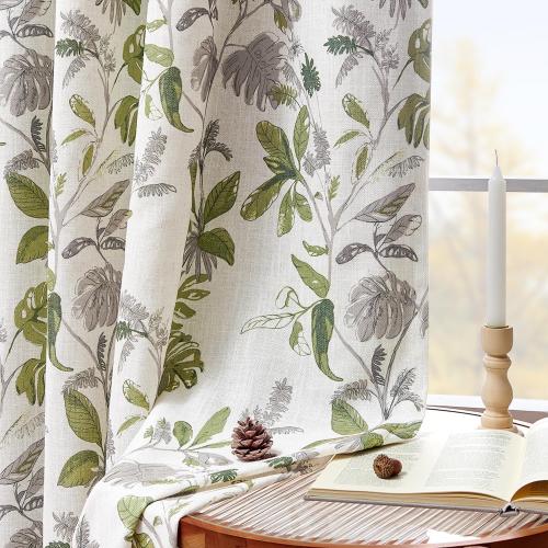 jinchan 100% Blackout Curtains for Bedroom 96 Inches Length Linen Curtains Tropical Green Leaf Print Botanical Window Treatment with Lining for Living Room Farmhouse Country Drapes Set 2 Panels
