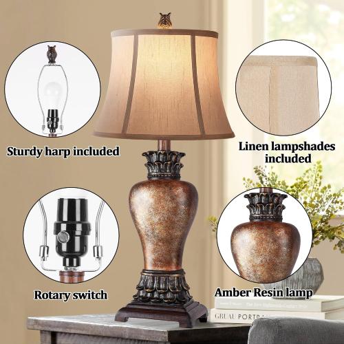 Hamucd 27 Set of 2 Tall Farmhouse Rustic Table Lamps for Living Room,3-Color Temperature Dimmable Western Bedroom Lamps for Night Stands Traditional Antique Decor (Brown)