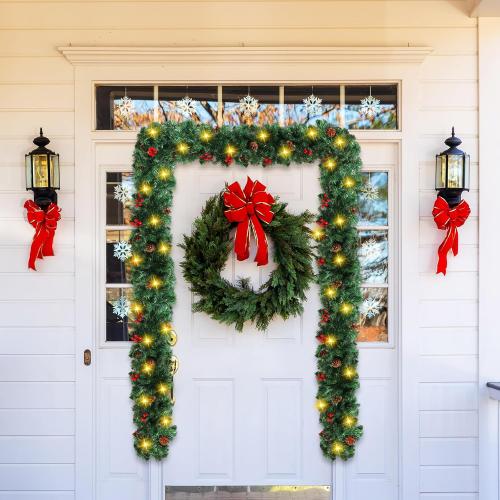 26ft Christmas Light Garland with 100 LED Battery Operated Pine Cones Red Berries Long Thick Outdoor Christmas Lighted Garland Artificial Xmas Decorations for Door Stairs Railing Fireplace