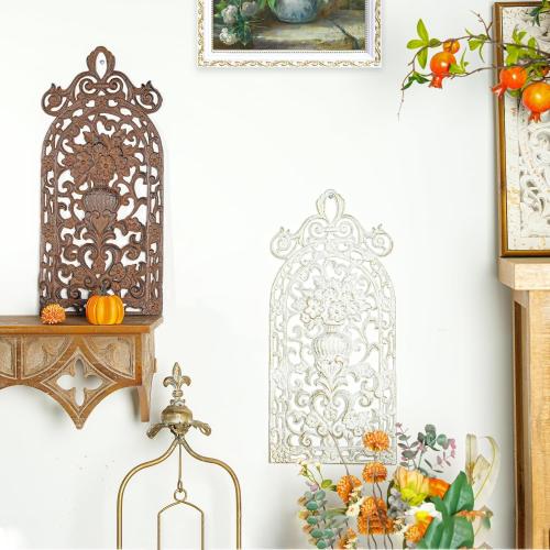 Sungmor Vintage Cast Iron Wall Plaque - Antique Style Carved Artwork, Decorative Metal Art Panel - Intricate Scroll and Floral Vase Design - Rustic Home & Garden Décor - 18 x 8, White