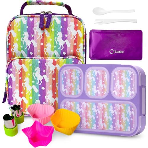 Bento Lunch Box with Insulated Bag, Ice Pack and Bento Accessories for Girls. Snack Containers with 4 Compartment Dividers for Toddlers Pre-School Daycare BPA Free Set, Utensils, Rainbow Unicorn