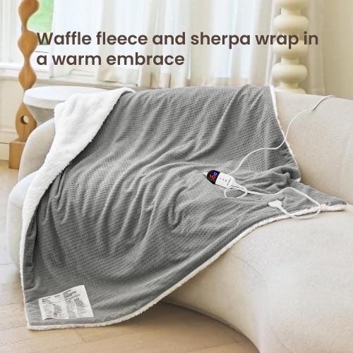 Heated Blanket Electric Blanket Twin Waffle, 62x84 Inches Sherpa Fleece Fast Heating Blanket 6 Heating Levels & 10 Hours Auto Off ETL Certification, Grey Twin