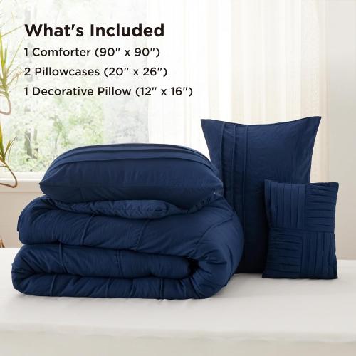 Bedsure Queen Comforter Set - 4 Pieces Pinch Pleat Bed Set, Navy Blue Boho Bedding for All Season, 1 Soft Comforter, 2 Pillowcases, 1 Decorative Pillow