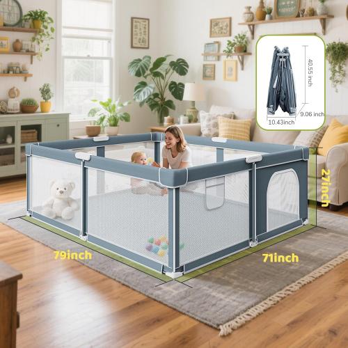 Foldable Baby Playpen - 71×79 Collapsible Play Pen for Babies and Toddlers - Indoor Outdoor Travel Playpen - Sturdy with Mesh View Portable Play Yard - Folding Play Pen with 4 Handles and Carry Bag