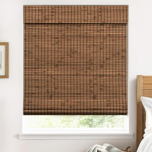 UNISHADES Cordless Bamboo Roman Shades for Windows, 100% Blackout Backing Fabric for Light Blocking, 36 W × 64 H - Penang Teak
