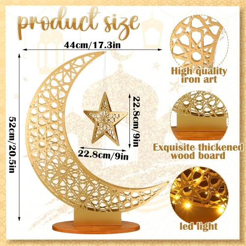 Tujoe Large Metal Ramadan Moon Stand Lights Decorations for Home Iron Eid Mubarak Star Crescent Moon Lamp LED Light Stand Eid Craft Table Centerpiece Home Islamic Gift(20.4 x 17.3 Inch,Modern Style)