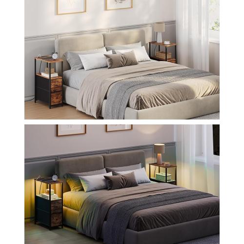 TUTOTAK Small Narrow LED End Table with Charging Station, Side Table Outlets, Nightstand with 2 Cloth Drawers, Set of 2, Couch Table, for Living Room, Bedroom, Bedside, Brown TB01BB056