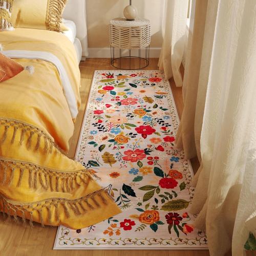 Floral Kitchen Runner Rug, 24 x 72 inches, Low Pile Cotton Blend, Water Resistant, Beige