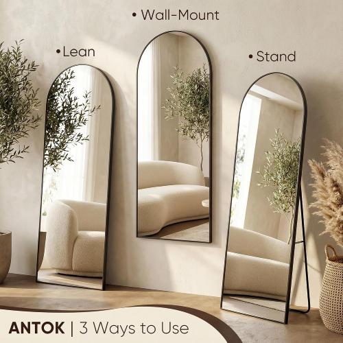 Antok 56 x14” Arched Full Length Floor Mirror, Black Aluminum Frame, Free Standing/Wall Mount/Leaning for Bedroom, Living Room, Dressing Room
