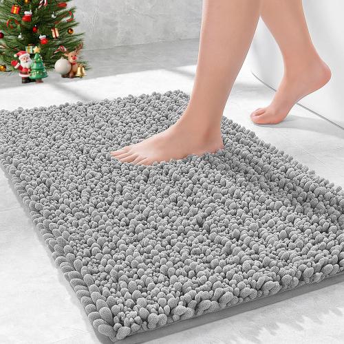 Bathroom Rugs Non Slip Washable, Extra Thick Soft Chenille Absorbent Bath Mat, High Density Barrier Non Slip Backing, Quick Dry Plush Shaggy Floor Carpet for Tub&Shower , Grey