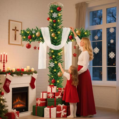 76 Inch Cross Christmas Tree with 2 Lights Strings and Garland Jesus Christ Catholic Cross Decor Decoration Foldable Xmas Tree for Indoor Outdoor Holiday, Yard, and Church Nativity Scene Decor