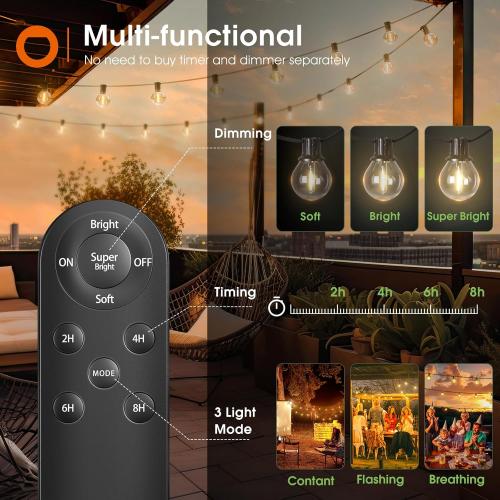 addlon 25FT Solar Powered Outdoor String Lights Waterproof with Remote, G40 Solar Powered String Lights with 13 LED Shatterproof Bulbs, 3 Light Modes, Dimmable Solar Lights for Outside Bistro Cafe