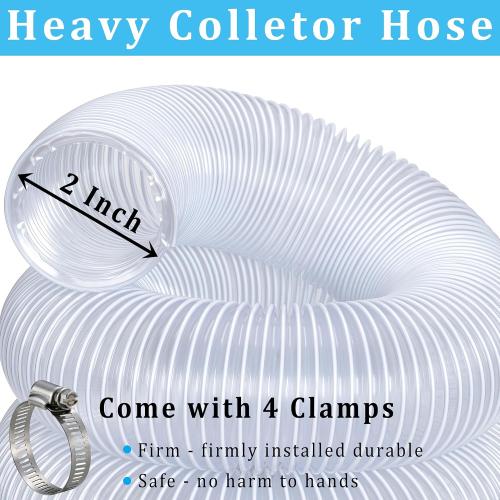 Heavy Duty Dust Collection Hose 2 × 20 ft PVC Collector Hose & Clamps | 2 inch Thicken Flexible Clear Wire Tubing Duct Collector Hoses for Fume Debris Band Saw Jointer Wood Shop, with 4 Clamps