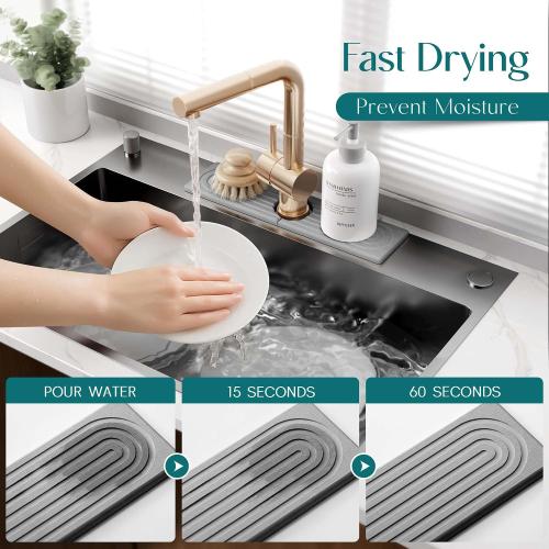 Eormoe Kitchen Sink Faucet Mat - 15.7in Diatomite Sink Protectors for Kitchen Sink, Stone Sink Splash Guard for Kitchen Counter Sink Accessories (Grey, 15.7'' x 3.9'')