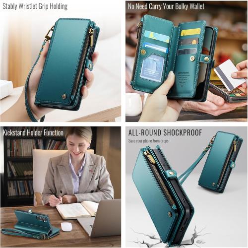 Defencase Compatible with Samsung Galaxy S24 Case Wallet with RFID Blocking Card Holder for Women Men, PU Leather Magnetic Snap Flip Zipper Strap Wallet Phone Case Fit for Galaxy S24 5G 6.2, Green