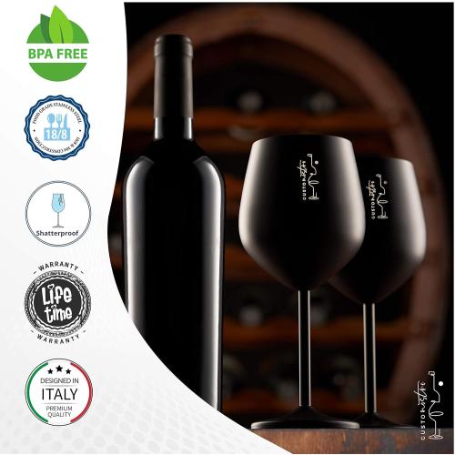 Gusto Nostro Stainless Steel Wine Glass - 18 oz - Unbreakable Black Wine Glasses for Travel, Camping and Pool - Fancy, Unique and Cool Portable Metal Wine Glass for Outdoor Events, Picnics (Set of 4)