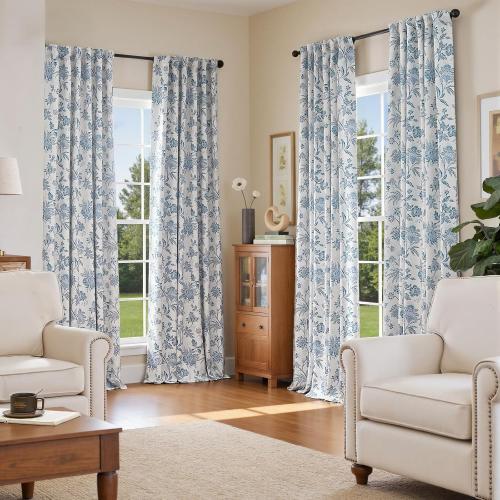 Vangao Blackout Curtains for Bedroom 84 Inches Long, Floral Curtains for Living Room Printed Flower Blackout Drapes Leaf Pattern Thermal Farmhouse Drapes Window Treatments, 2 Panels Blue and White