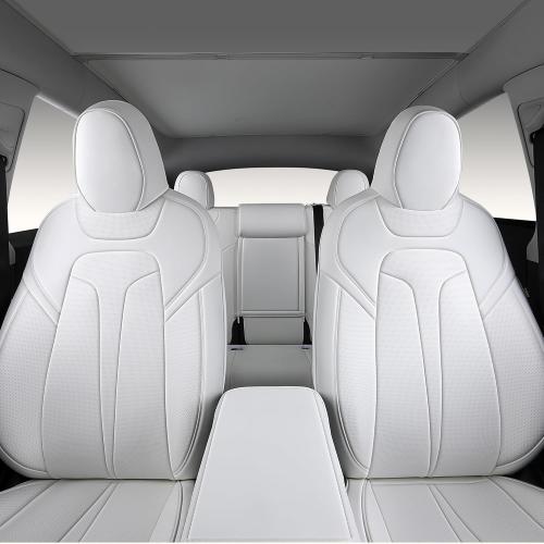 Custom Fit Seat Covers for 2020-2024 Tesla Model Y (5-Seater), Waterproof Nappa Leather, OEM Factory Style Full Set Car Seat Protectors Airbag Compatible - White