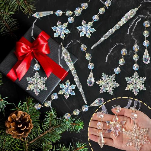 32pcs Christmas Decoration Crystal Ornaments - Iridescent Christmas Tree Ornaments Acrylic Snowflakes Drop Icicle Pendants Hanging Ornaments for Xmas Tree Winter Holiday Frozen Party Decorations