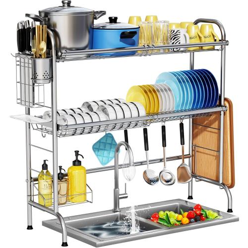 HOWDIA Stainless Steel 2-Tier Over The Sink Dish Drying Rack with Utensil Holder, Large, for Kitchen Counter