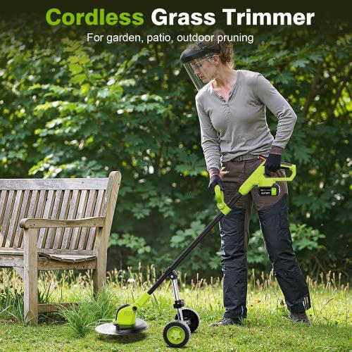 Green 12 Kihoplly Stringless Weed Wacker Cordless Eater, 21V 3000mAh*2 Battery Powered Grass Trimmer Brush Cutter, 3-in-1 Wheeled Lawn Edger with Blades, Electric String Trimmer 2 Batteries and Charger